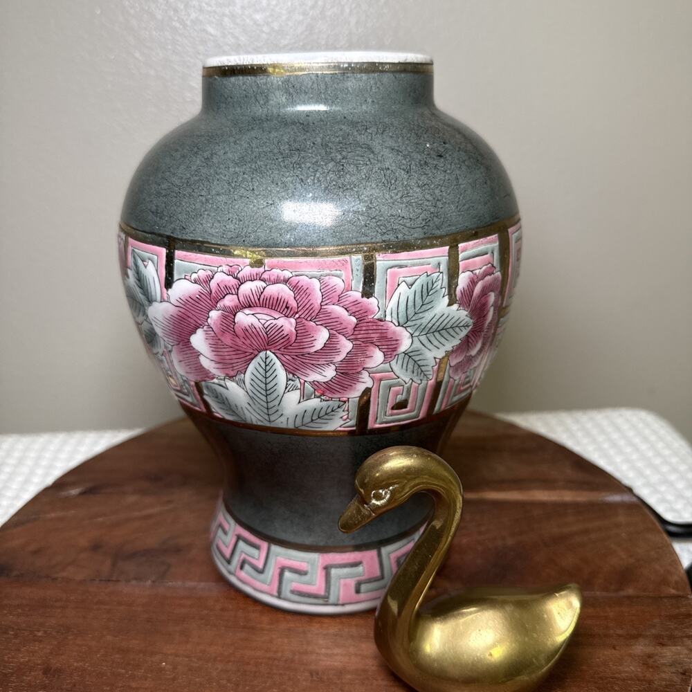 Vintage Chinese Famille Rose Porcelain Vase Peony Celadon 8.5” Hand Painted